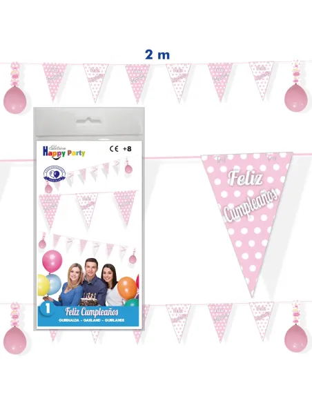 Guirnalda Banderines rosa y blanco con lunares Feliz Cumpleaños