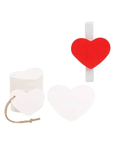Set 10 mini pinzas blancas con corazón rojo y 10 corazones blancos San Valentín