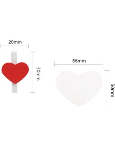 Set 10 mini pinzas blancas con corazón rojo y 10 corazones blancos San Valentín 2