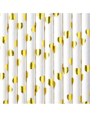 Pajitas papel blanco corazones dorados oro.-Cocina y Repostería