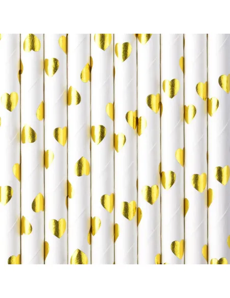 Pajitas papel blanco corazones dorados oro.-Cocina y Repostería