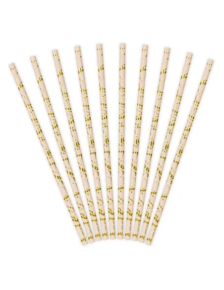 Set 10 pajitas de papel rosa claro y dorado PartyDeco