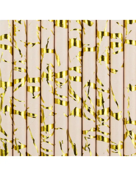 Set 10 pajitas de papel rosa claro y dorado PartyDeco
