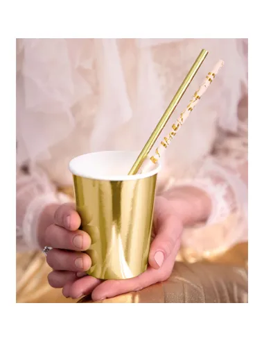 Set 10 pajitas de papel rosa claro y dorado PartyDeco