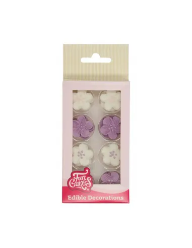Set 24 decoraciones de azúcar Flores blanco y púrpura Funcakes
