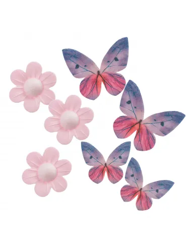 Set 5 flores rosa y 4 mariposas azules de oblea Dekora