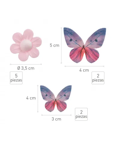 Set 5 flores rosa y 4 mariposas azules de oblea Dekora