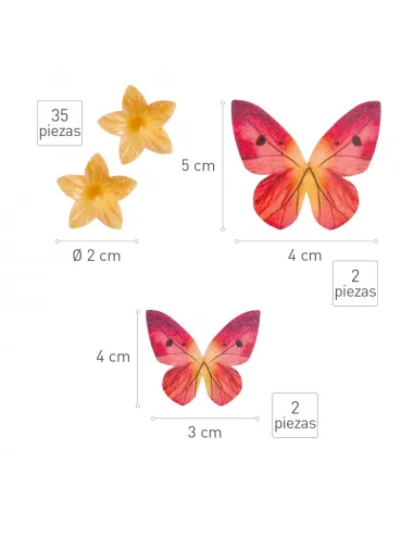 Set 35 flores amarillas y 4 mariposas burdeos de oblea Dekora