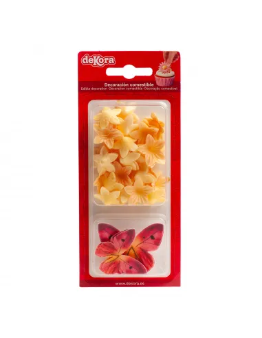 Set 35 flores amarillas y 4 mariposas burdeos de oblea Dekora
