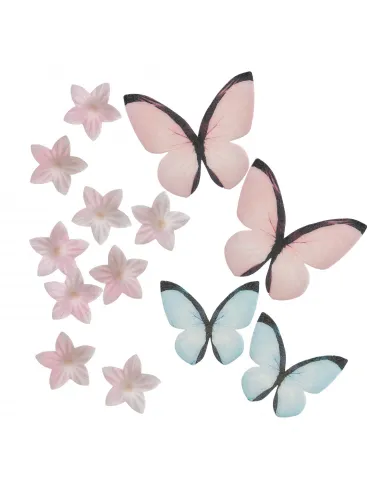 Set 35 flores rosa y 4 mariposas rosa y azul de oblea Dekora