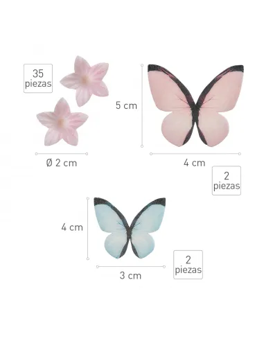 Set 35 flores rosa y 4 mariposas rosa y azul de oblea Dekora