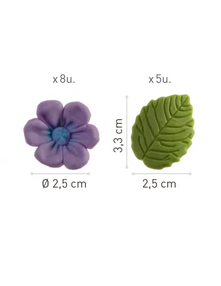 Set 8 flores violeta y 5 hojas de azúcar Dekora