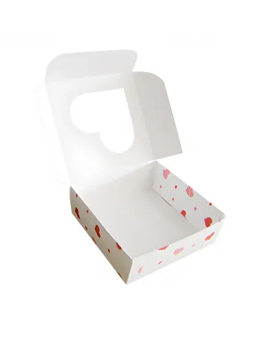 Caja galletas reversible blanca corazones con ventana 10 x 10 cm corazón