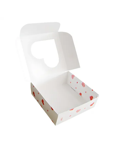 Caja galletas reversible blanca corazones con ventana 10 x 10 cm corazón