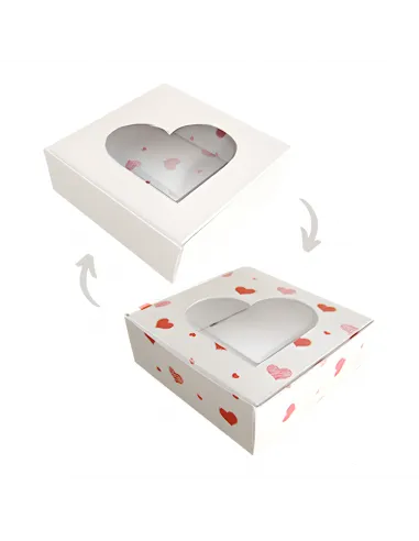 Caja galletas reversible blanca corazones con ventana 10 x 10 cm corazón