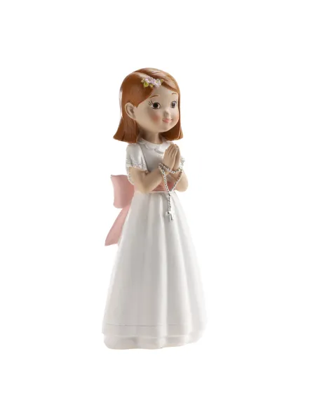 Figura niña comunión con Rosario y Lazo Rosa 16 cm Dekora