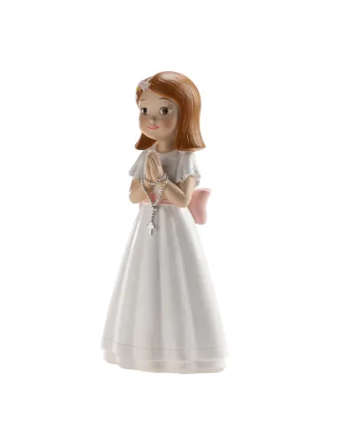 Figura niña comunión con Rosario y Lazo Rosa 16 cm Dekora