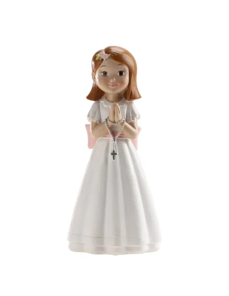 Figura niña comunión con Rosario y Lazo Rosa 16 cm Dekora
