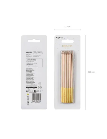 Set 12 velas oro rosa y doradas 14 cm PartyDeco
