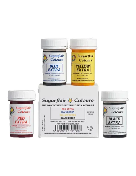 Set 4 Colorantes en pasta Extra: Rojo, Azul, Amarillo y Negro Sugarflair