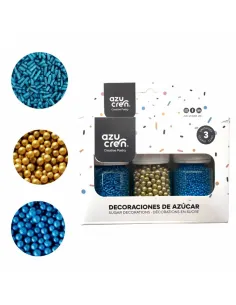 Nonpareils azules, fideos azules y perlas de azúcar doradas Azucren