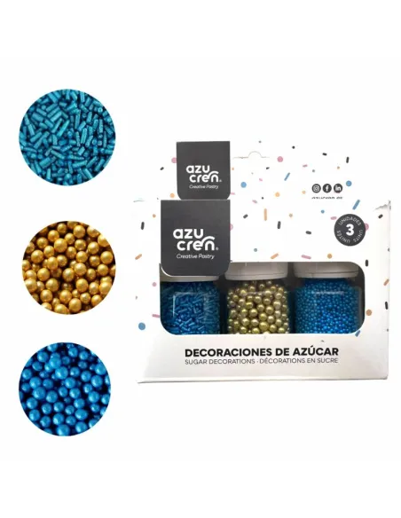 Nonpareils azules, fideos azules y perlas de azúcar doradas Azucren