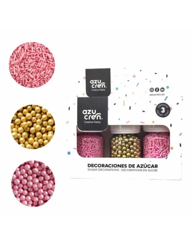 Set 3 sprinkles nonpareils rosa, fideos rosa y perlas de azúcar doradas Azucren