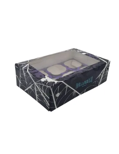 Caja 6 cupcakes negro y lila con ventana Halloween Azucren
