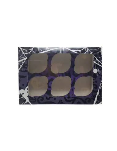 Caja 6 cupcakes negro y lila con ventana Halloween Azucren