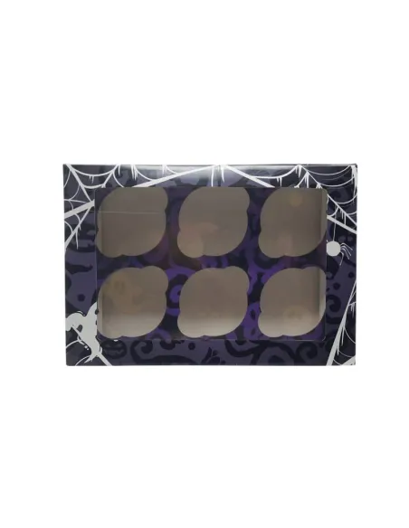 Caja 6 cupcakes negro y lila con ventana Halloween Azucren