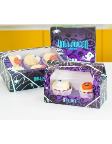 Caja 6 cupcakes negro y lila con ventana Halloween Azucren