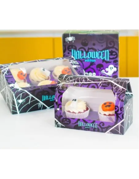 Caja 4 cupcakes negro y lila con ventana Halloween Azucren