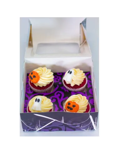 Caja 4 cupcakes negro y lila con ventana Halloween Azucren