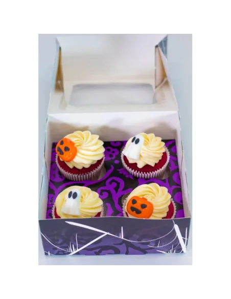 Caja 4 cupcakes negro y lila con ventana Halloween Azucren