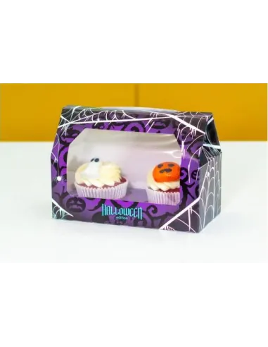 Caja 2 cupcakes negro y lila con ventana Halloween Azucren