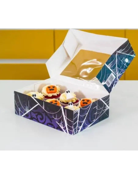 Caja 6 cupcakes negro y lila con ventana Halloween Azucren