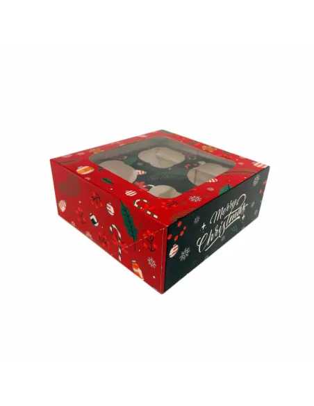 Caja 4 cupcakes roja y verde con ventana Navidad Azucren