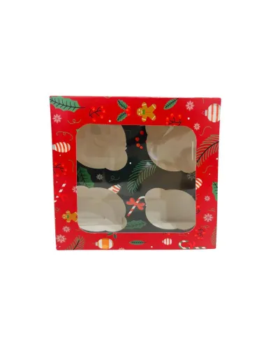 Caja 4 cupcakes roja y verde con ventana Navidad Azucren