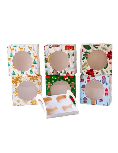 Caja 4 cupcakes con ventana Casas Nevadas Decora