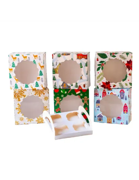 Caja 4 cupcakes con ventana Casas Nevadas Decora