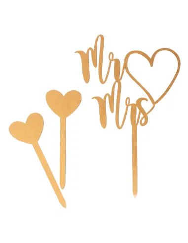 Topper dorado para tarta Mr and Mrs y 2 corazones Dekora