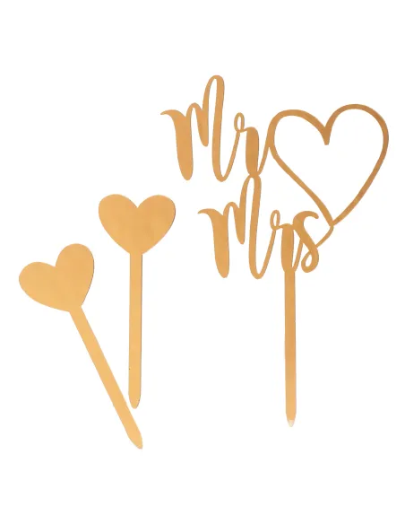Topper dorado para tarta Mr and Mrs y 2 corazones Dekora