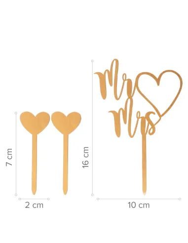 Topper dorado para tarta Mr and Mrs y 2 corazones Dekora