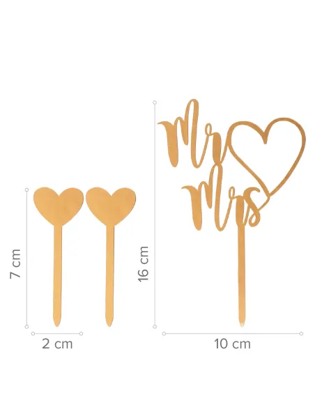 Topper dorado para tarta Mr and Mrs y 2 corazones Dekora