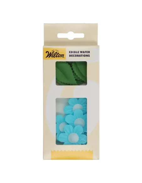 Flores de oblea azules y hojas Funcakes