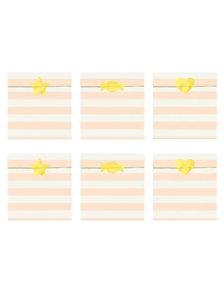 Set de 6 bolsas de papel rayas color melocotón con pegatina PartyDecor