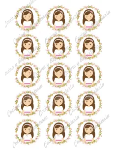 Papel azúcar flores niña comunión pelo castaño