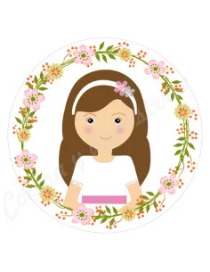Papel azúcar flores niña comunión pelo castaño 2