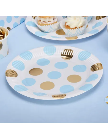 Set 8 platos de papel lunares azul y dorado