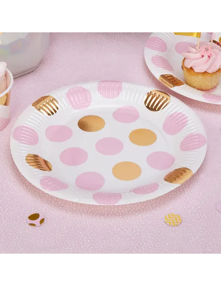 Set 8 platos de papel lunares rosa y dorado